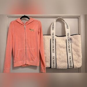 Victoria’s Secret PINK Coral Zip Hoodie + FREE Tote Bag | XS | Lmt Time Bundle